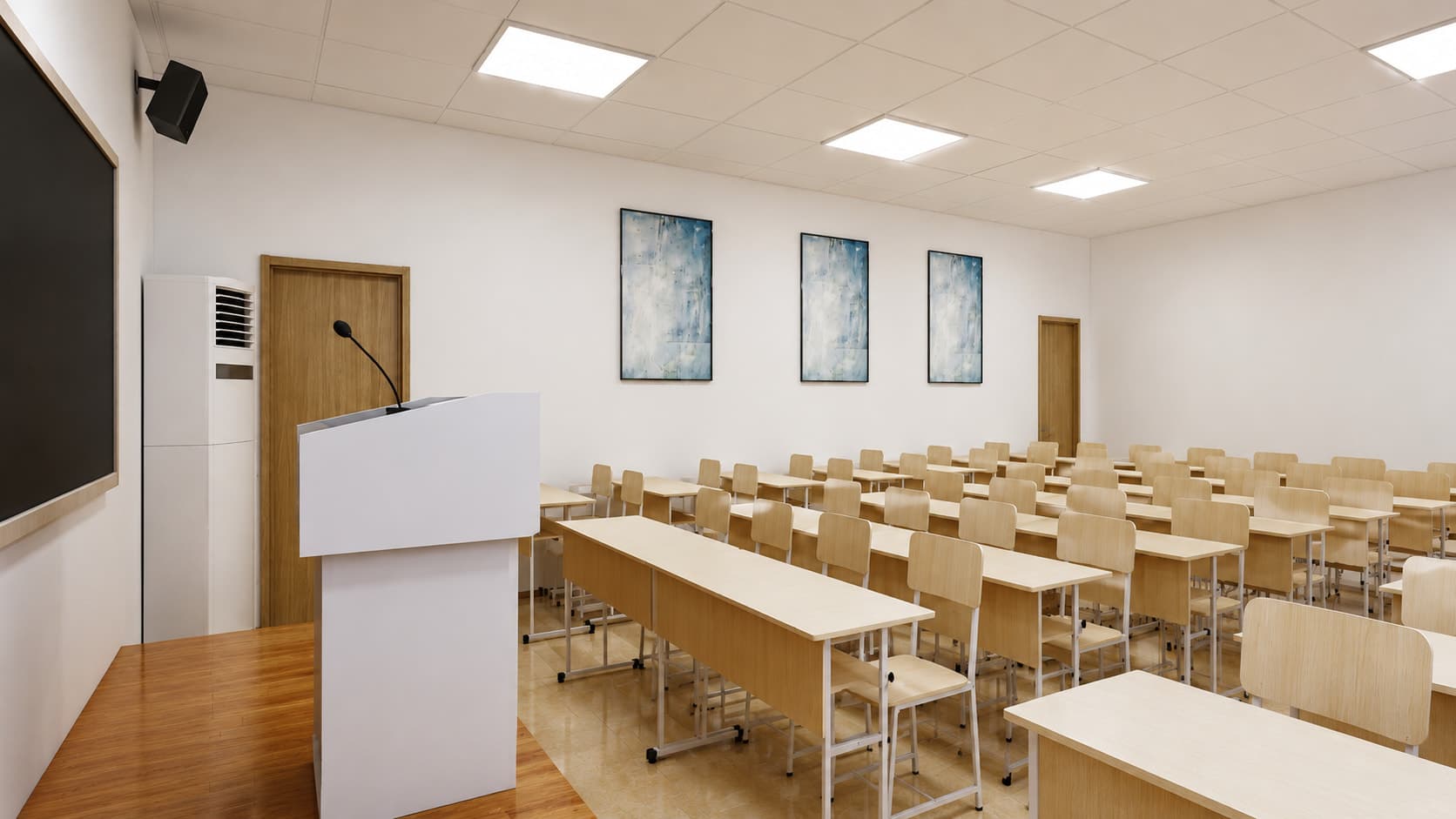 Classroom with desks and podium