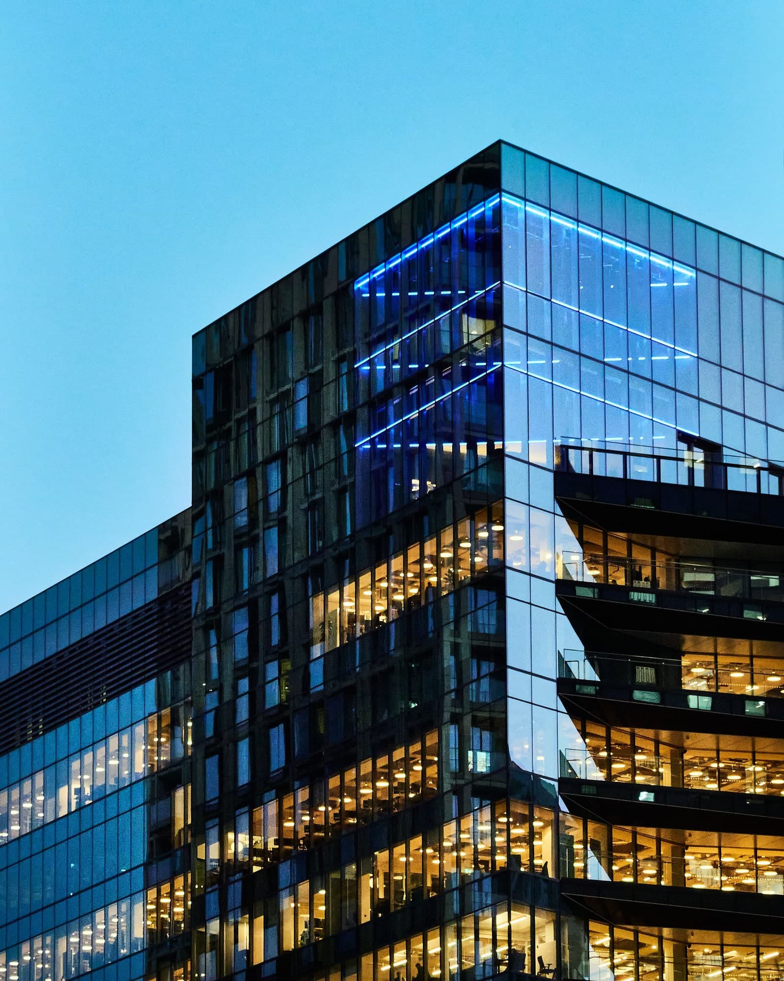 Illuminated commercial building exterior at night