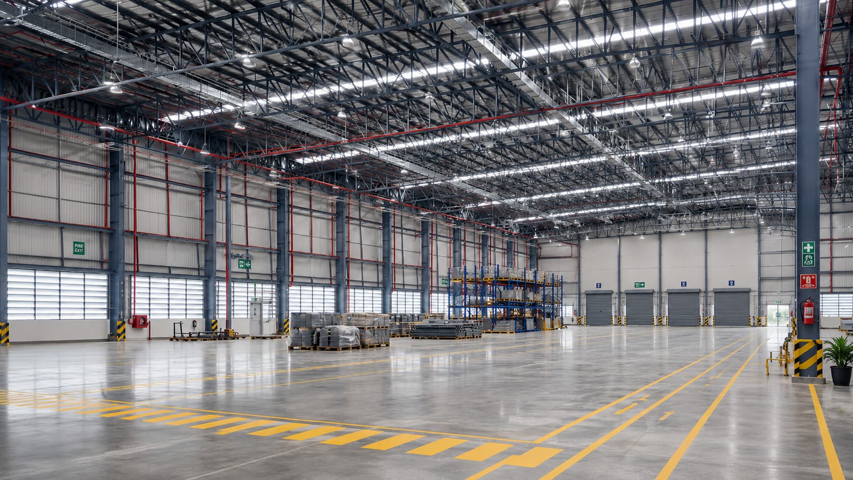Large industrial warehouse with illuminated LED high-bay lighting and a dark steel roof structure