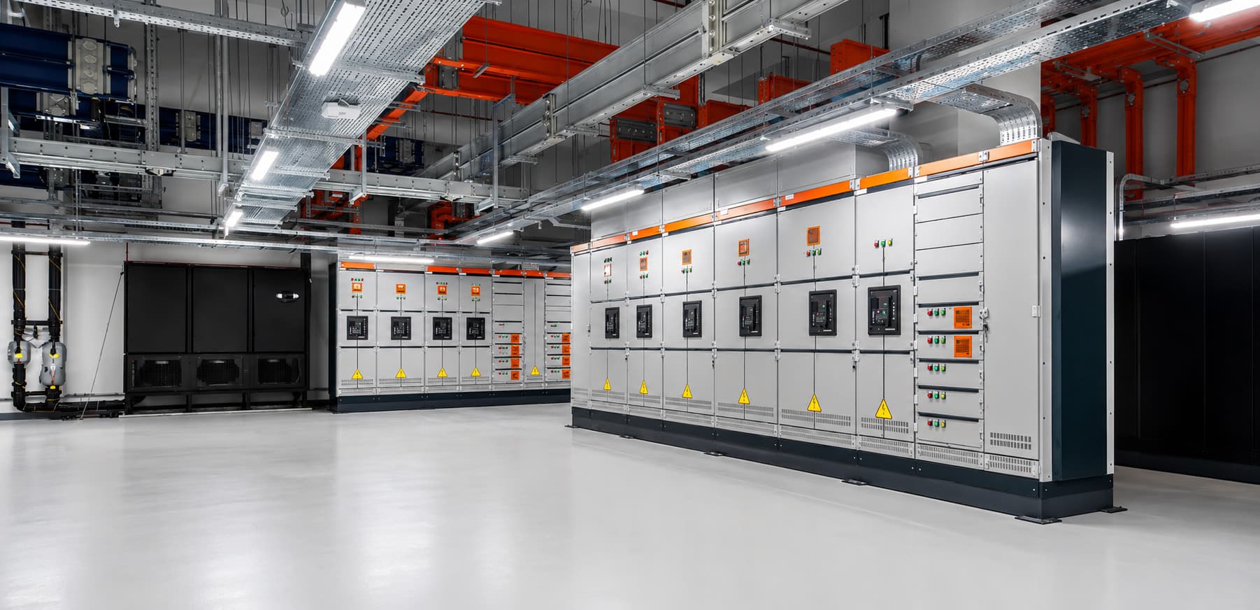 Industrial switchgear and panel room with rows of distribution panels
