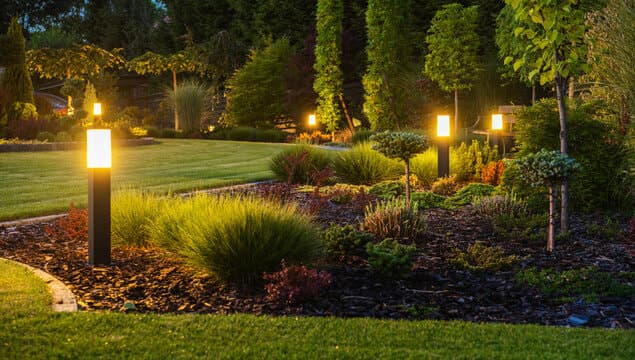 Illuminated LED bollard lighting along a garden path at night