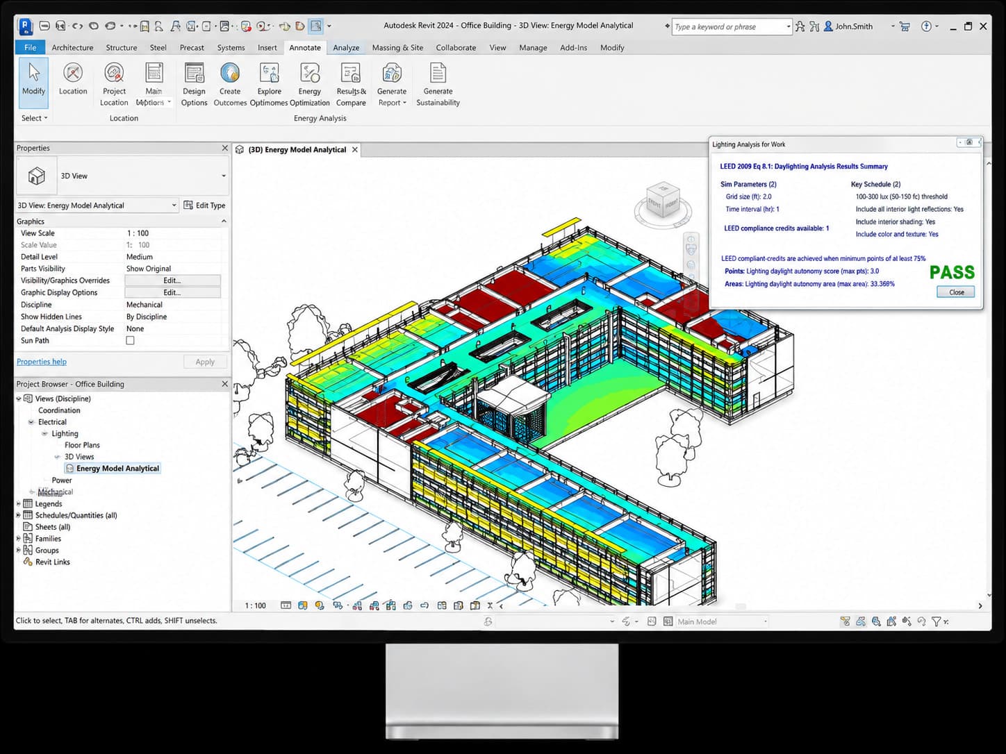 Autodesk Revit 3D energy model and daylighting analysis for an office building
