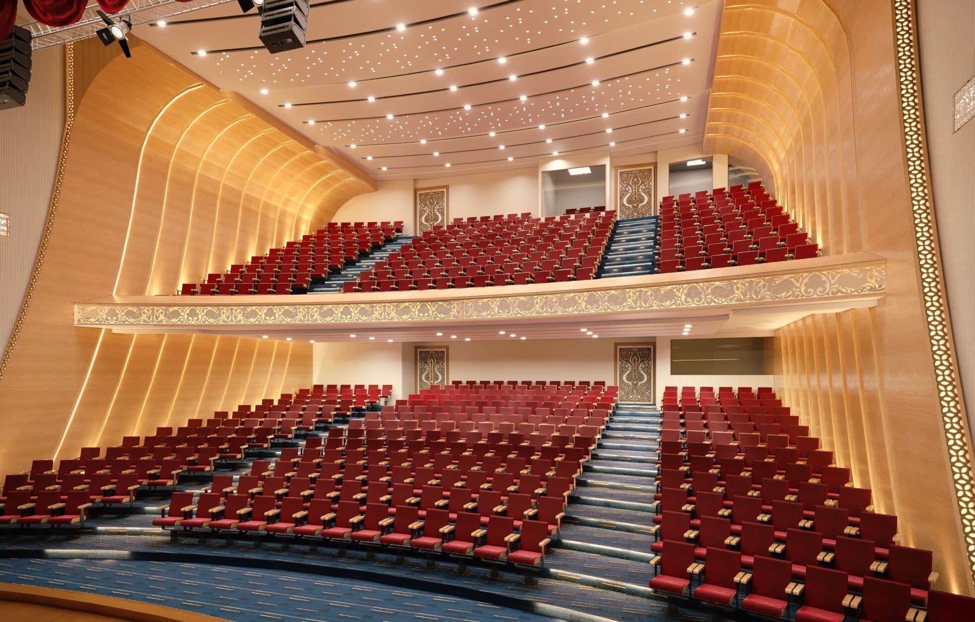 Tiered auditorium seating with architectural LED ceiling lighting